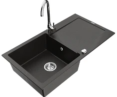 Granitinė virtuvinė plautuvė Mexen Leo su maišytuvu ir sifonu, Metallic juodas/auksinis+Chrome