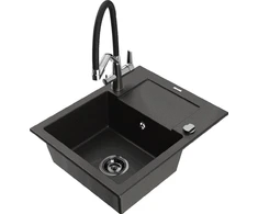Granitinė virtuvinė plautuvė Mexen Enzo su maišytuvu ir sifonu, Metallic juodas/auksinis+Juodas/Chrome