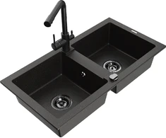 Granitinė virtuvinė plautuvė Mexen Mario su maišytuvu ir sifonu, Metallic juodas/auksinis+Juodas