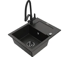 Granitinė virtuvinė plautuvė Mexen Enzo su maišytuvu ir sifonu, Metallic juodas/auksinis+Juodas