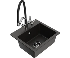 Granitinė virtuvinė plautuvė Mexen Milo su maišytuvu ir sifonu, Metallic juodas/auksinis+Juodas/Chrome