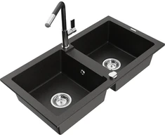 Granitinė virtuvinė plautuvė Mexen Mario su maišytuvu ir sifonu, Metallic juodas/auksinis+Juodas/Chrome