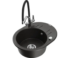 Granitinė virtuvinė plautuvė Mexen Kevin su maišytuvu ir sifonu, Metallic juodas/auksinis+Juodas/Chrome
