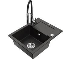 Granitinė virtuvinė plautuvė Mexen Enzo su maišytuvu ir sifonu, Metallic juodas/auksinis+Juodas/Chrome