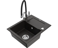 Granitinė virtuvinė plautuvė Mexen Enzo su maišytuvu ir sifonu, Metallic juodas/auksinis+Juodas/Chrome