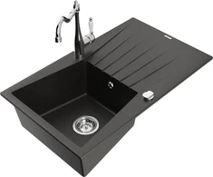 Granitinė virtuvinė plautuvė Mexen Cesar su maišytuvu ir sifonu, Metallic juodas/auksinis+Chrome