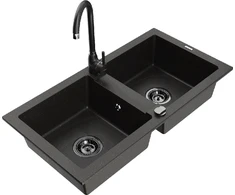 Granitinė virtuvinė plautuvė Mexen Mario su maišytuvu ir sifonu, Metallic juodas/auksinis+Juodas