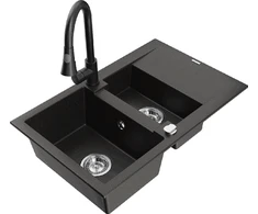 Granitinė virtuvinė plautuvė Mexen Gaspar su maišytuvu ir sifonu, Metallic juodas/auksinis+Juodas