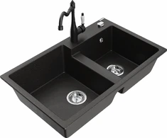Granitinė virtuvinė plautuvė Mexen Tomas su maišytuvu ir sifonu, Metallic juodas/auksinis+Juodas