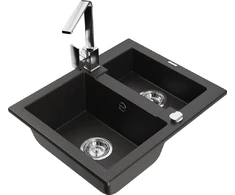 Granitinė virtuvinė plautuvė Mexen Carlos su maišytuvu ir sifonu, Metallic juodas/auksinis+Chrome