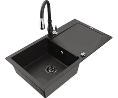 Granitinė virtuvinė plautuvė Mexen Leo su maišytuvu ir sifonu, Metallic juodas/auksinis+Juodas