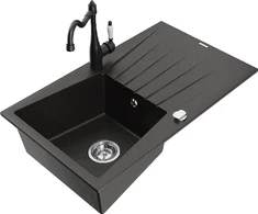 Granitinė virtuvinė plautuvė Mexen Cesar su maišytuvu ir sifonu, Metallic juodas/auksinis+Juodas