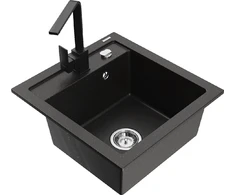 Granitinė virtuvinė plautuvė Mexen Vito su maišytuvu ir sifonu, Metallic juodas/auksinis+Juodas