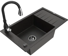 Granitinė virtuvinė plautuvė Mexen Elias su maišytuvu ir sifonu, Metallic juodas/auksinis+Juodas