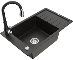 Granitinė virtuvinė plautuvė Mexen Elias su maišytuvu ir sifonu, Metallic juodas/auksinis+Juodas