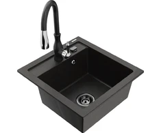 Granitinė virtuvinė plautuvė Mexen Vito su maišytuvu ir sifonu, Metallic juodas/auksinis+Juodas
