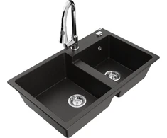 Granitinė virtuvinė plautuvė Mexen Tomas su maišytuvu ir sifonu, Metallic juodas/auksinis+Chrome