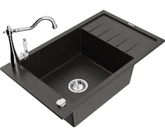 Granitinė virtuvinė plautuvė Mexen Elias su maišytuvu ir sifonu, Metallic juodas/auksinis+Chrome