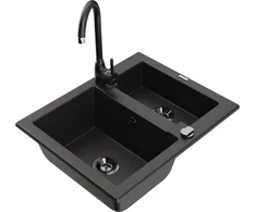 Granitinė virtuvinė plautuvė Mexen Carlos su maišytuvu ir sifonu, Metallic juodas/auksinis+Juodas