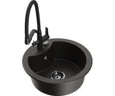 Granitinė virtuvinė plautuvė Mexen Diego su maišytuvu ir sifonu, Metallic juodas/auksinis+Juodas