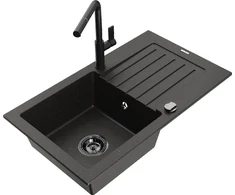 Granitinė virtuvinė plautuvė Mexen Pablo su maišytuvu ir sifonu, Metallic juodas/auksinis+Juodas