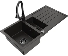 Granitinė virtuvinė plautuvė Mexen Andres su maišytuvu ir sifonu, Metallic juodas/auksinis+Juodas