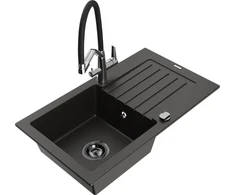 Granitinė virtuvinė plautuvė Mexen Pablo su maišytuvu ir sifonu, Metallic juodas/auksinis+Juodas/Chrome