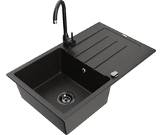 Granitinė virtuvinė plautuvė Mexen Bruno su maišytuvu ir sifonu, Metallic juodas/auksinis+Juodas