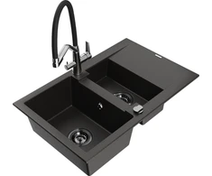 Granitinė virtuvinė plautuvė Mexen Gaspar su maišytuvu ir sifonu, Metallic juodas/auksinis+Juodas/Chrome