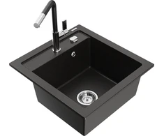 Granitinė virtuvinė plautuvė Mexen Vito su maišytuvu ir sifonu, Metallic juodas/auksinis+Juodas/Chrome