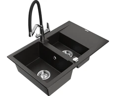 Granitinė virtuvinė plautuvė Mexen Gaspar su maišytuvu ir sifonu, Metallic juodas/auksinis+Juodas/Chrome