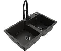 Granitinė virtuvinė plautuvė Mexen Tomas su maišytuvu ir sifonu, Metallic juodas/auksinis+Juodas