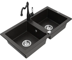 Granitinė virtuvinė plautuvė Mexen Mario su maišytuvu ir sifonu, Metallic juodas/auksinis+Juodas