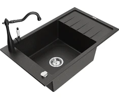 Granitinė virtuvinė plautuvė Mexen Elias su maišytuvu ir sifonu, Metallic juodas/auksinis+Juodas