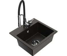Granitinė virtuvinė plautuvė Mexen Milo su maišytuvu ir sifonu, Metallic juodas/auksinis+Juodas/Chrome