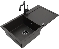 Granitinė virtuvinė plautuvė Mexen Leo su maišytuvu ir sifonu, Metallic juodas/auksinis+Juodas
