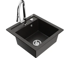 Granitinė virtuvinė plautuvė Mexen Vito su maišytuvu ir sifonu, Metallic juodas/auksinis+Chrome