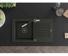 Granitinė virtuvinė plautuvė Mexen Pablo su maišytuvu ir sifonu, Metallic juodas/auksinis+Juodas/Chrome