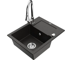 Granitinė virtuvinė plautuvė Mexen Enzo su maišytuvu ir sifonu, Metallic juodas/auksinis+Chrome