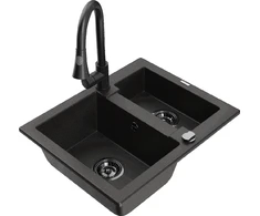 Granitinė virtuvinė plautuvė Mexen Carlos su maišytuvu ir sifonu, Metallic juodas/auksinis+Juodas