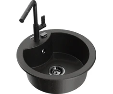 Granitinė virtuvinė plautuvė Mexen Diego su maišytuvu ir sifonu, Metallic juodas/auksinis+Juodas