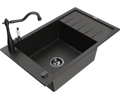 Granitinė virtuvinė plautuvė Mexen Elias su maišytuvu ir sifonu, Metallic juodas/auksinis+Juodas