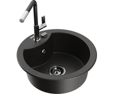 Granitinė virtuvinė plautuvė Mexen Diego su maišytuvu ir sifonu, Metallic juodas/auksinis+Juodas/Chrome