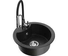 Granitinė virtuvinė plautuvė Mexen Diego su maišytuvu ir sifonu, Metallic juodas/auksinis+Juodas/Chrome