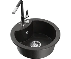 Granitinė virtuvinė plautuvė Mexen Diego su maišytuvu ir sifonu, Metallic juodas/auksinis+Juodas/Chrome