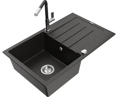 Granitinė virtuvinė plautuvė Mexen Bruno su maišytuvu ir sifonu, Metallic juodas/auksinis+Juodas/Chrome