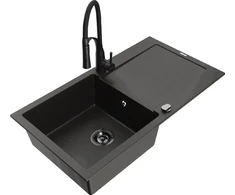 Granitinė virtuvinė plautuvė Mexen Leo su maišytuvu ir sifonu, Metallic juodas/auksinis+Juodas