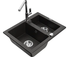 Granitinė virtuvinė plautuvė Mexen Carlos su maišytuvu ir sifonu, Metallic juodas/auksinis+Chrome