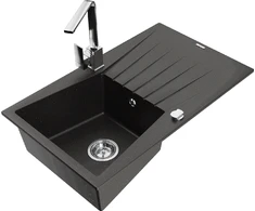 Granitinė virtuvinė plautuvė Mexen Cesar su maišytuvu ir sifonu, Metallic juodas/auksinis+Chrome