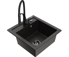 Granitinė virtuvinė plautuvė Mexen Vito su maišytuvu ir sifonu, Metallic juodas/auksinis+Juodas